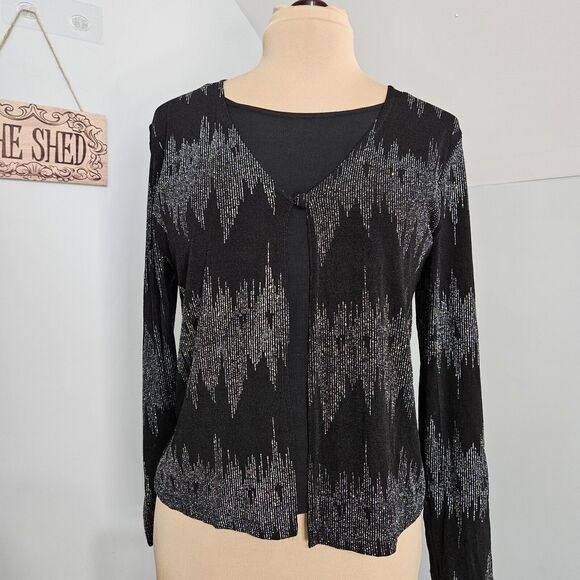 Western Connection Twofer Top Womens Medium Black Silver Metallic Festive Bling - Picture 2 of 14